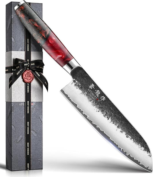 Japanese Chef Knife, 7 Inch Hand Forged Santoku Knife with VG10 Steel, Chefs Knives for Professional & Home Kitchen, Sharp Kitchen Knives with Red Ergonomic Handle, Cooking Gifts for Men and Women