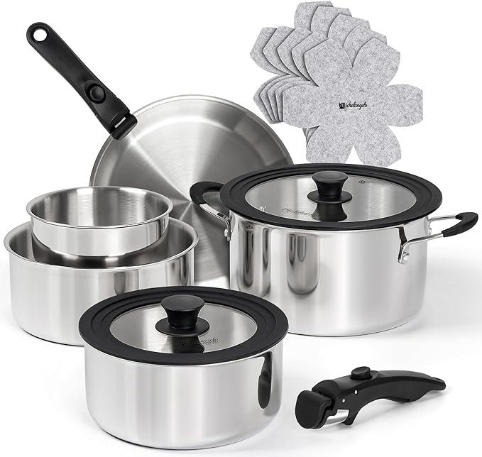 Michelangelo 14pcs Tri-Ply Stainless Steel Cookware Set with Detachable Handles, Stackable Pots and Pans Set for RVs, Small Kitchens & Apartments, Induction Compatible, Oven Safe, No Coating & No PFAS