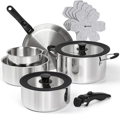 Michelangelo 14pcs Tri-Ply Stainless Steel Cookware Set with Detachable Handles, Stackable Pots and Pans Set for RVs, Small Kitchens & Apartments, Induction Compatible, Oven Safe, No Coating & No PFAS