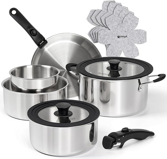 Michelangelo 14pcs Tri-Ply Stainless Steel Cookware Set with Detachable Handles, Stackable Pots and Pans Set for RVs, Small Kitchens & Apartments, Induction Compatible, Oven Safe, No Coating & No PFAS