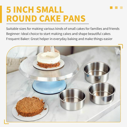 TeamFar 5 Inch Cake Pan Set of 3, Stainless Steel Small Layer Cake Baking Pans Tins, Round Bakeware for Birthday Wedding Party, Non-Toxic & Healthy, Mirror Finish & Dishwasher Safe