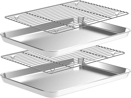 Baking Sheet with Wire Rack Set [2 Quarter Sheet Pans + 2 Wire Racks ], CEKEE Stainless Steel Cookie Sheets for Baking with Baking Rack, Non Toxic & Heavy Duty & Easy Clean, Size 12 x 10 x 1 Inch