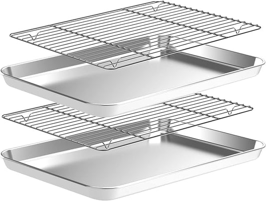 Baking Sheet with Wire Rack Set [2 Quarter Sheet Pans + 2 Wire Racks ], CEKEE Stainless Steel Cookie Sheets for Baking with Baking Rack, Non Toxic & Heavy Duty & Easy Clean, Size 12 x 10 x 1 Inch