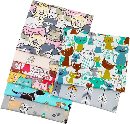 8 pcs/lot Fat Quarter Fabric Bundles 100% Cotton 19.69'' x 19.69'' (50 x 50cm) Cotton Fabric Pre-Cut Squares Sheets for Patchwork Sewing Quilting Crafting, Dog Cat Pattern.