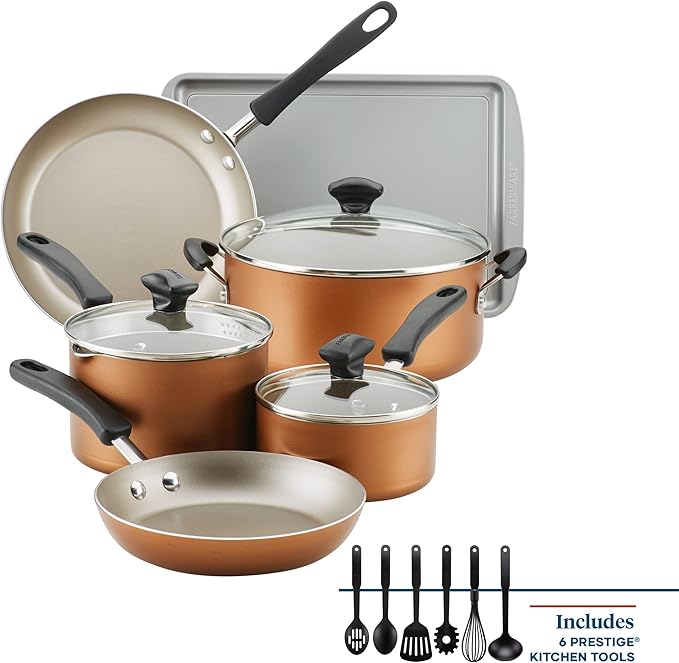 Farberware Cookstart Aluminum DiamondMax Nonstick Cookware Set, Kitchen Essentials, 15-Piece, Copper