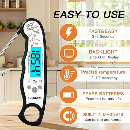KULUNER Instant Read Food Thermometer, White Waterproof Digital Meat Thermometer with 4.6" Folding Probe, Backlight & Calibration, 2-3s Fast Reading for Kitchen Baking Grilling Cooking - White