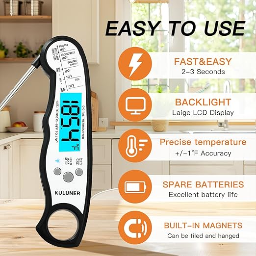 KULUNER Instant Read Food Thermometer, White Waterproof Digital Meat Thermometer with 4.6" Folding Probe, Backlight & Calibration, 2-3s Fast Reading for Kitchen Baking Grilling Cooking - White