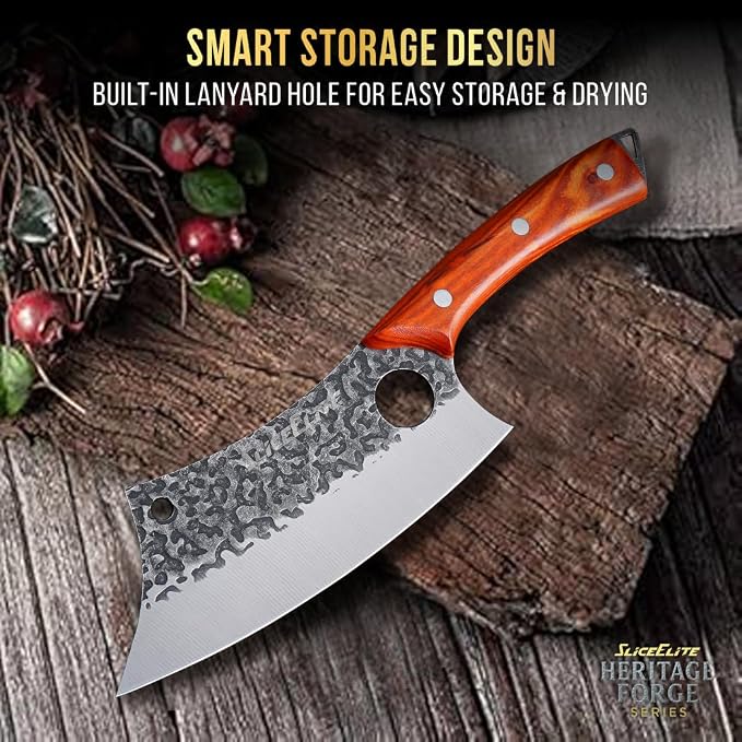 SliceElite Hand-Forged Professional Butcher Knife (3 PC BBQ KNIFE SET W/LANIARD HOLES)