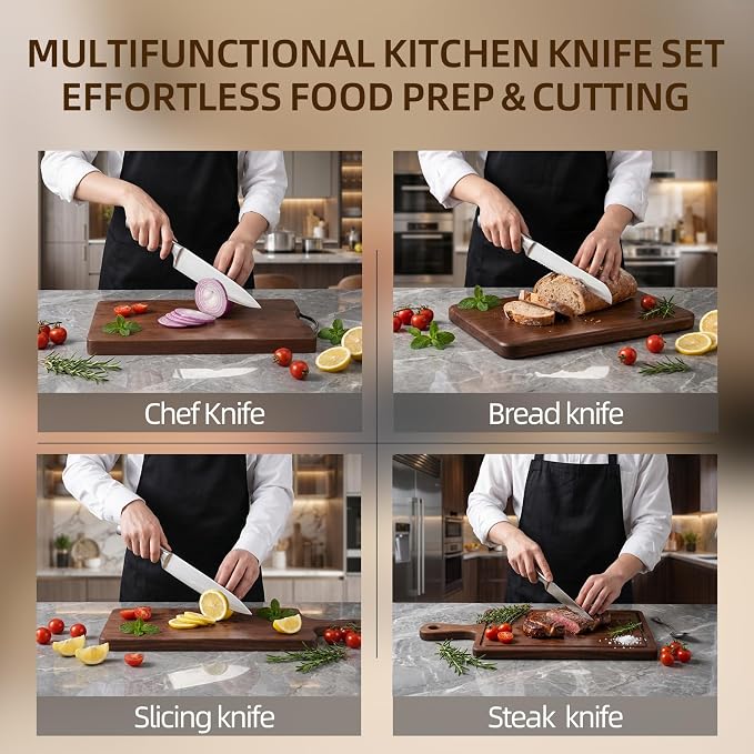 ZHANG XIAO QUAN 15-Piece Kitchen Knife Set with Block, High Carbon Stainless Steel, Ergonomic Hollow Handles, Durable Sharp Blades for Precision Cutting, Silver