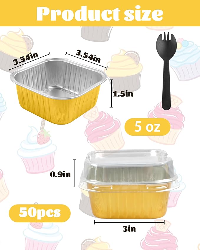 50 Pack 5oz Square Mini Cake Pans with Lids and Spoons,Aluminum Foil Baking Cups,Disposable Mini Loaf Pans Ramekins for Brownie, Cheesecake, Mousse & Wedding Party Favors-Gold