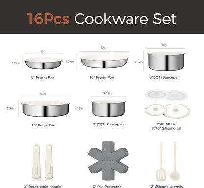 16PCS Pots and Pans Set Non Stick, Diamond-Titanium Ceramic Cookware Set & 3 Layer Stainless Steel with Detachable Handle, Induction Cookware, Non Toxic Oven/Dishwasher Safe, White