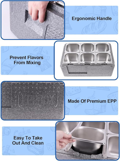 Pizza Topping Station 7 Pans Salad Bar Buffet Station Insulated Cold Food Buffet Server with Ice Packs Lids Buffet Containers Set Platter Box for Party Buffet Keeping Food Cold