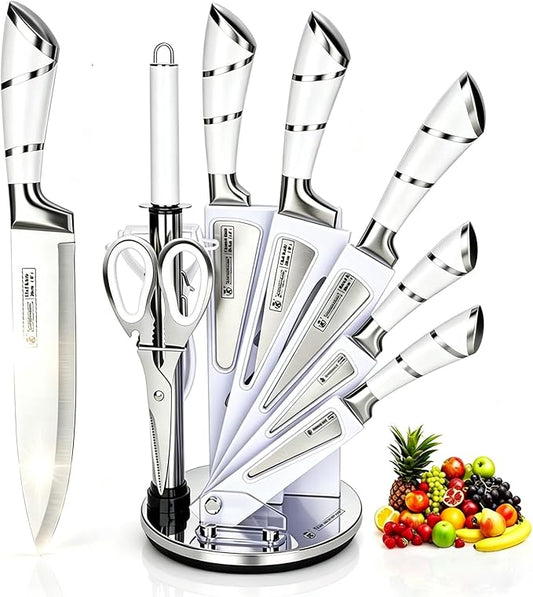Kitchen Knife Set, 9-Piece White Kitchen Knife Set with Acrylic Block, Non Stick Sharp High Carbon Stainless Steel Knife Set for Kitchen Cutting Meat Slicing Chopping Kitchen Women Gifts