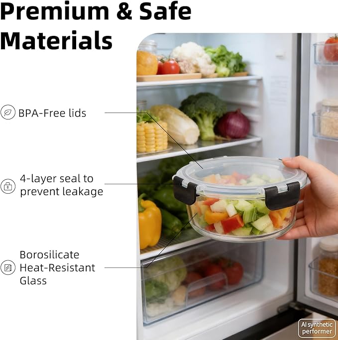 Konokyo Round Glass Food Storage Containers with Lids, 12 Pack Airtight Leakproof Meal Prep Containers, BPA-Free, Microwave Oven Freezer & Dishwasher Safe, Assorted Sizes