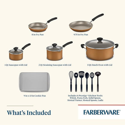 Farberware Cookstart Aluminum DiamondMax Nonstick Cookware Set, Kitchen Essentials, 15-Piece, Copper