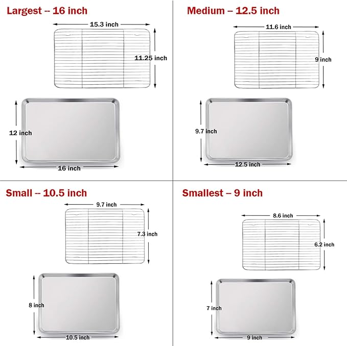 P&P CHEF 16 + 12.5 + 10.4 + 9 Inch Baking Sheet and Rack Set, 8Pcs Stainless Steel Cookie Sheets Oven Baking Pans Trays with Cooling Racks for Cooking, Oven & Dishwasher Safe, Pans with Wire Racks