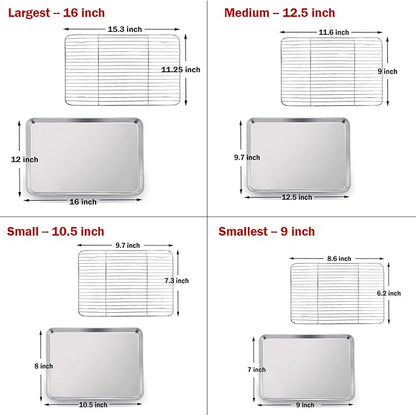 P&P CHEF 16 + 12.5 + 10.4 + 9 Inch Baking Sheet and Rack Set, 8Pcs Stainless Steel Cookie Sheets Oven Baking Pans Trays with Cooling Racks for Cooking, Oven & Dishwasher Safe, Pans with Wire Racks