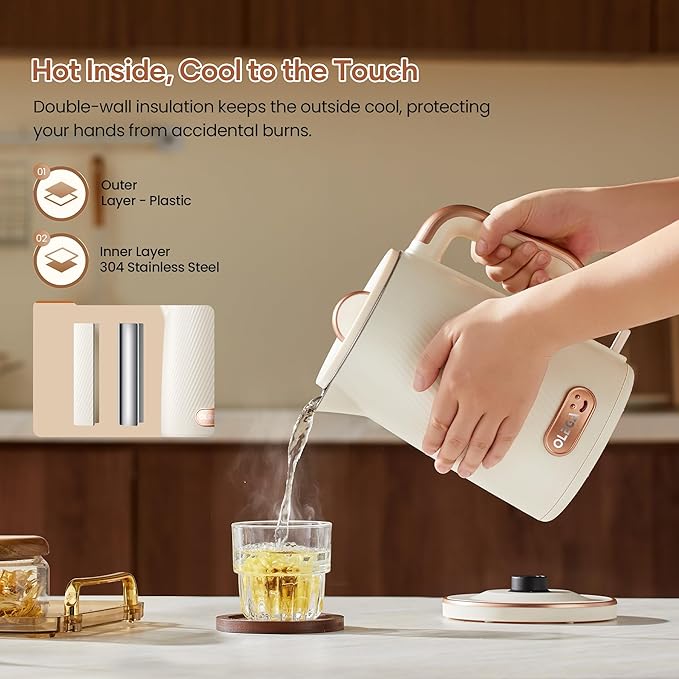 OLEGA Electric Kettle: 1200W Fast Boil Electric Water Kettles, 1.5L Double Wall Stainless Steel Tea Kettle, Auto Shut-Off, BPA-Free Hot Water Boiler Teapot for Coffee & Tea -Beige