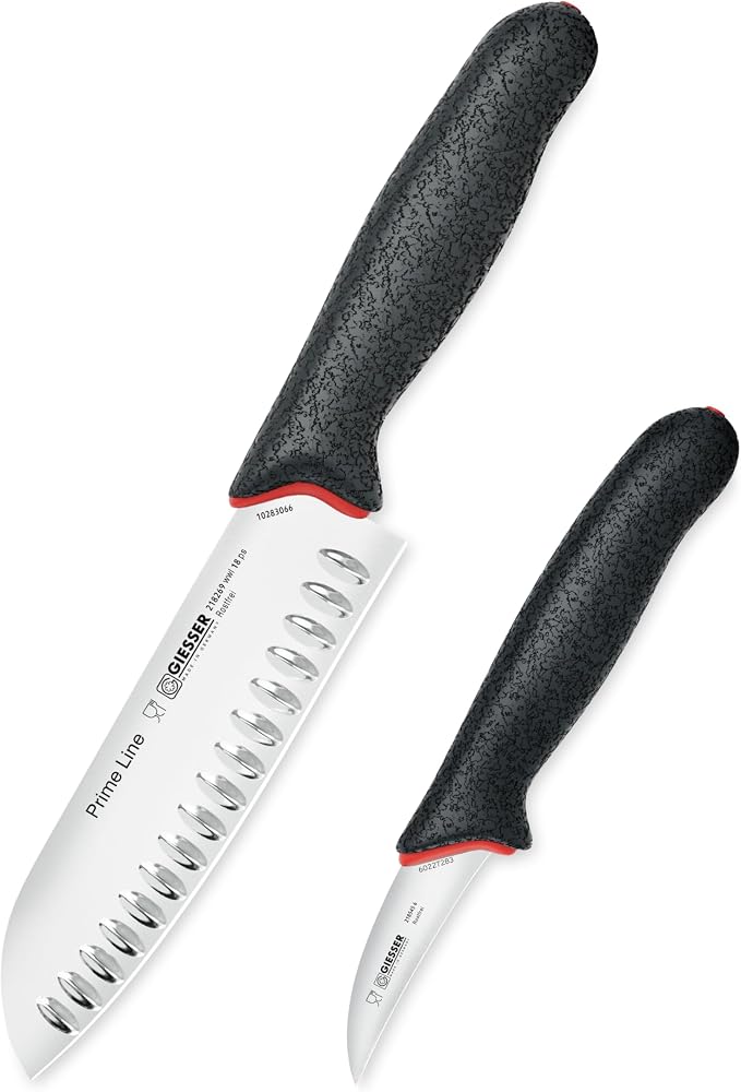 Giesser since 1776, Made in Germany, Santoku 7,5 inch, Ultra Slip Resistant, Dishwashersafe, rustfree, Japanese Chef Knife with small Peeling Knife