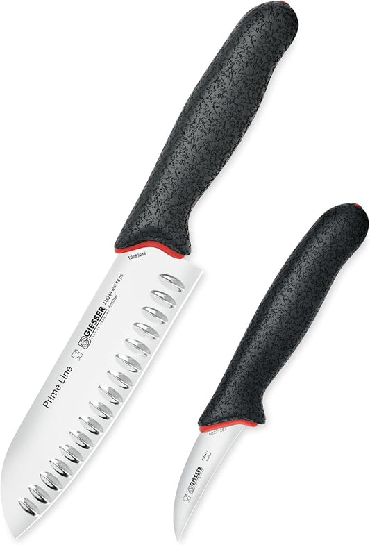 Giesser since 1776, Made in Germany, Santoku 7,5 inch, Ultra Slip Resistant, Dishwashersafe, rustfree, Japanese Chef Knife with small Peeling Knife
