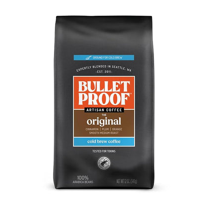 Bulletproof Original Cold Brew Coffee, Medium Roast Coarse Ground, Clean and Tested for Toxins, Smooth Artisan Coffee for Cold Brew Iced Coffee, 12 oz