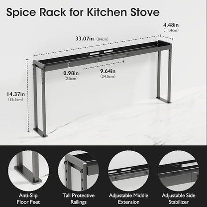 Bumusty Adjustable High Stand Stove Top Shelf – Expandable 4-Level Spice Rack and Kitchen Countertop Organizer, Anti-Slip Metal, 27"–33" Length, 11"–14" Height, Black