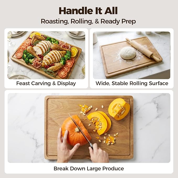 Acacia Wood Cutting Board for Kitchen - 17"x12" Large Chopping Board with Juice Grooves & Handles, 0.7" Thick Butcher Block for Meat and Veggies, Gift for Dad
