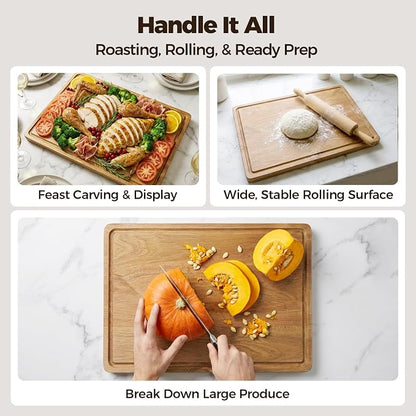Acacia Wood Cutting Board for Kitchen - 17"x12" Large Chopping Board with Juice Grooves & Handles, 0.7" Thick Butcher Block for Meat and Veggies, Gift for Dad