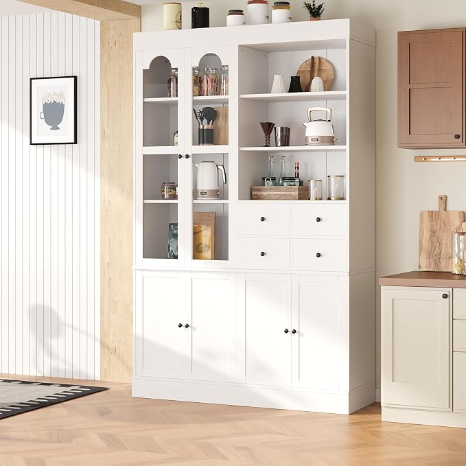 VilroCaz 75'' Tall Freestanding Kitchen Pantry Cabinet, Wood Large Cupboard Storage Buffet with Hutch, 4 Drawers, Door Shelves and Pull-Out Trays for Dining Room, Living Room (White-10.13)