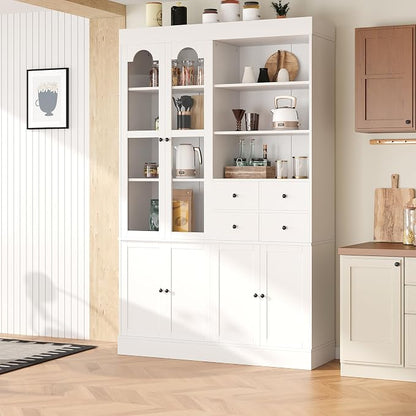 VilroCaz 75'' Tall Freestanding Kitchen Pantry Cabinet, Wood Large Cupboard Storage Buffet with Hutch, 4 Drawers, Door Shelves and Pull-Out Trays for Dining Room, Living Room (White-10.13)