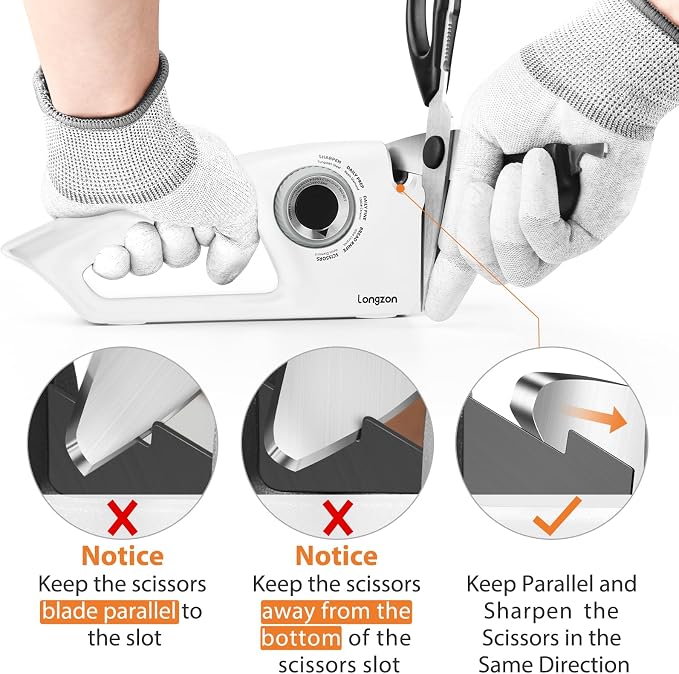 Longzon 6-in-1 Knife Sharpener 5 Stage with Cut-Resistant Glove, Manual Kitchen Tool for Straight & Serrated Knives, Quickly Sharpens Restores & Polishes Dull Blades Safe for Home Kitchen, White+Gray