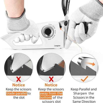 Longzon 6-in-1 Knife Sharpener 5 Stage with Cut-Resistant Glove, Manual Kitchen Tool for Straight & Serrated Knives, Quickly Sharpens Restores & Polishes Dull Blades Safe for Home Kitchen, White+Gray