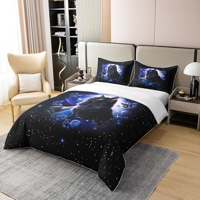 Castle Fairy Mysterious Cat Butterfly 100% Organic Cotton Duvet Cover Set Blue Galaxy Comforter Cover Set for Kids Children Room Fantasy Starry Sky Bedding Set Queen Size 3 Pcs(No Comforter)