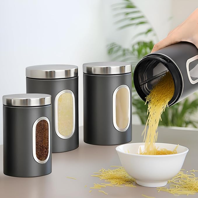 Zopeal 6 Pack Graphite Canisters Sets for Kitchen 50oz Stainless Steel Kitchen Canisters with Transparent Windows Flour Sugar Container Metal Jar Countertop Set for Coffee Tea Decorative