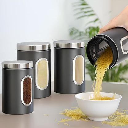 Zopeal 6 Pack Graphite Canisters Sets for Kitchen 50oz Stainless Steel Kitchen Canisters with Transparent Windows Flour Sugar Container Metal Jar Countertop Set for Coffee Tea Decorative