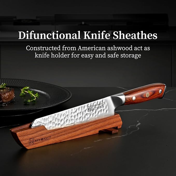 KEEMAKE Kiritsuke Chef Knife, 8 Inch Damascus Japanese Kitchen Knife with Ergonomic Pakkawood Handle, Ultra Sharp Non-Slip Cooking Knife with Ash Sheath & Dad Gift Box