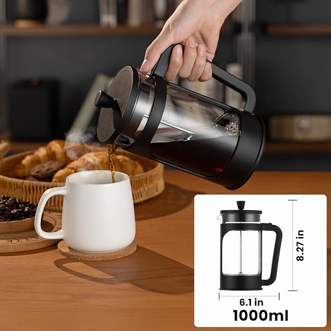 French press, borosilicate glass French press coffee maker, 3 layer stainless steel tea press,34oz large french press, suitable for home, office, kitchen, travel, fashion black
