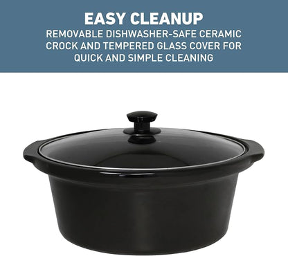 West Bend Slow Cooker 6-Quart Manual Crockery Style with Dishwasher Safe Oval Ceramic Crockpot and Glass Lid Two Temperature Settings Plus Keep Warm, 330-Watts, Black