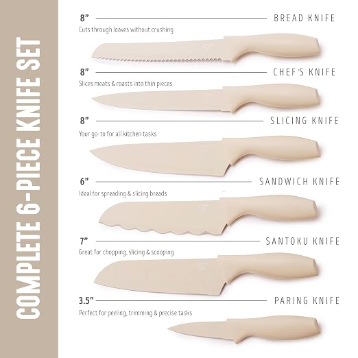 GreenLife 6 Piece Kitchen Knife Set, Rust-Resistant Nonstick Coating, High Carbon Stainless Steel Knives, Blade Guards, Razor Sharp, Ergonomic Handle, Chef, Santoku, Paring, Taupe