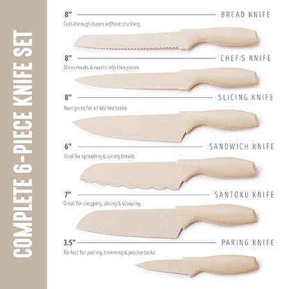 GreenLife 6 Piece Kitchen Knife Set, Rust-Resistant Nonstick Coating, High Carbon Stainless Steel Knives, Blade Guards, Razor Sharp, Ergonomic Handle, Chef, Santoku, Paring, Taupe