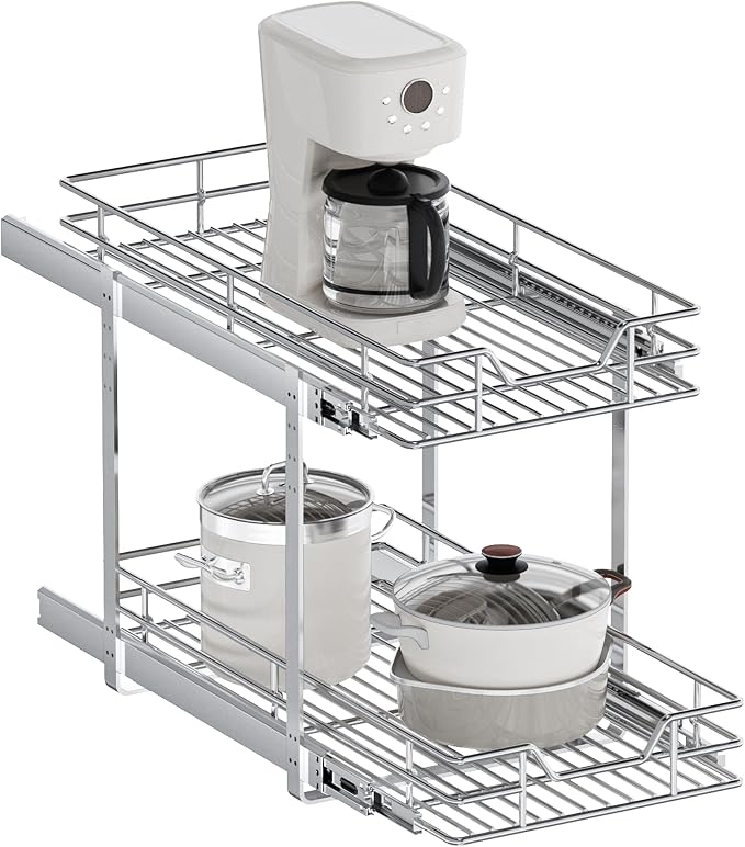 2-Tier Pull Out Cabinet Organizer, 13.5" W x 21.5" D, Heavy Duty Dual Slide Out Shelves for Base Cabinets, Chrome Wire Basket Drawer for Pantry, Kitchen & Bathroom Storage