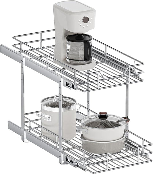 2-Tier Pull Out Cabinet Organizer, 12.5" W x 21.5" D, Heavy Duty Dual Slide Out Shelves for Narrow Base Cabinets, Chrome Wire Basket Drawer for Spices, Bottles & Snacks