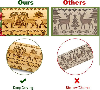 Stocking Stuffers Gifts for Women, Wooden Embossed Rolling Pin for Baking, Deep Engraved Embossing Rolling Pins with Christmas Elk Deer Pattern Designs for Baking Cookies Stamps Roller, DIY Tools