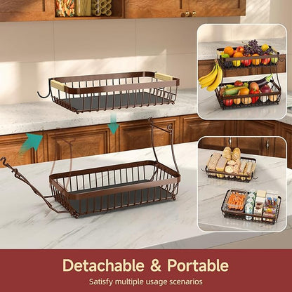 Sevenblue 2 Tier Large Fruit Basket for Kitchen Counter with 2 Mobile Banana Hangers, 2026 Pro Detachable Metal Fruit Bowl with Wooden Handle (Brown, 2 Tier Extra Large)