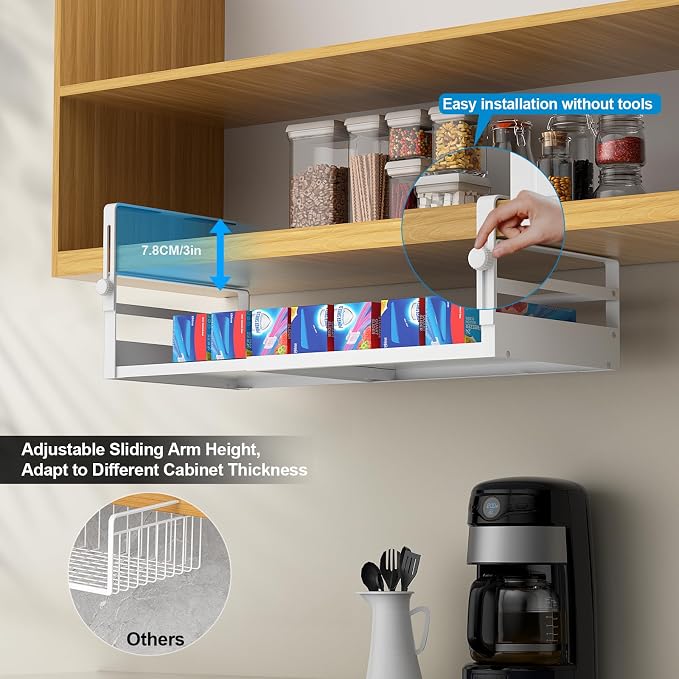 AmonHouseware 2Pack Under Shelf Basket Organizer, Adjustable Under Cabinet Shelf Storage, Hanging Holder Length Stretchable 13-21Inch for Kitchen Pantry Desk Counter Bookshelf Cupboard (White)