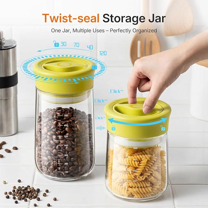 Airtight Glass Jar with Rotary Lid, 27oz Borosilicate Food Storage Jar with Measurement Marks, Wide Mouth Pantry Canister for Coffee Beans, Oats, Rice, Sugar, Snack, Sourdough Starter, Flour