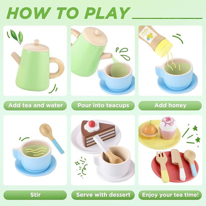 GAGAKU Wood Tea Set and Wooden Play Dishes 2 in 1 Play Food Set Toy 28 PCS Montessori Play Kitchen Accessories Kitchen for Toddlers Cooking Playset for 3-8 Years Girls and Boys