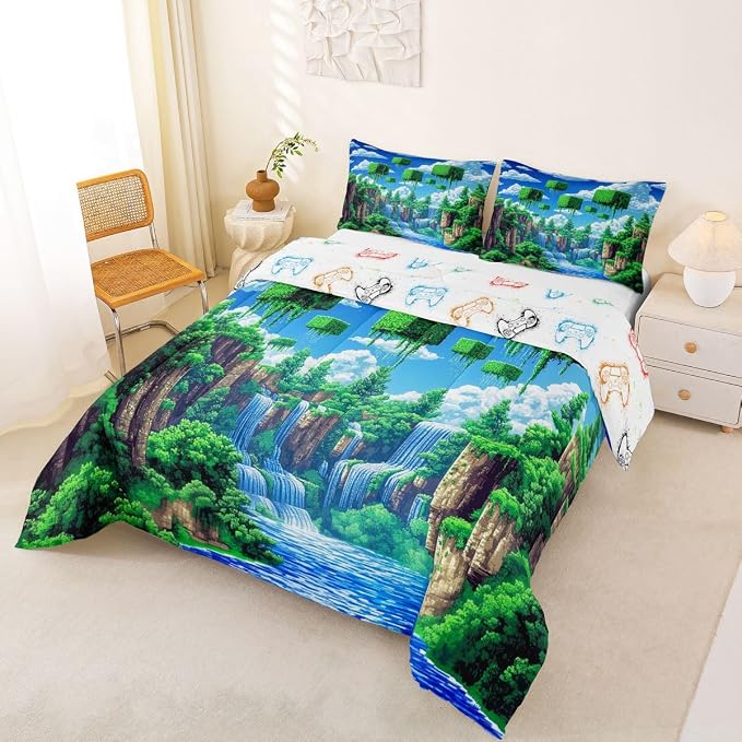 Manfei Pixelated Games Comforter Set -Cartoon Gamepad Comforter Queen Size Block Building Gaming Bedding Set for Kids Adults Bedroom Decor Fashion Modern Quilt Duvet,3 Pcs with 2 Pillowcase