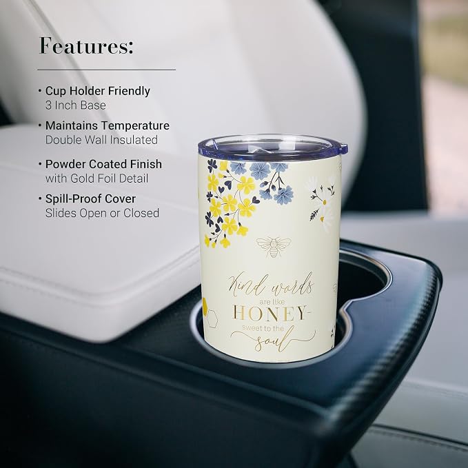 Christian Art Gifts Stainless Steel Scripture Tumbler Travel Mug for Women: Kind Words Bible Verse, Cute Bumble Bee, Double-wall Vacuum Insulated, Lid, Hot/Cold, Creamy White Multicolor Floral, 18oz.