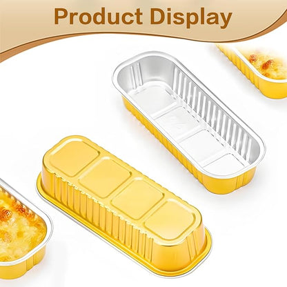 100 Pack Mini Cake Pans with Lids and Spoons, Mini Loaf Baking Pans 6.8oz, Small Disposable Aluminum Foil Loaf Pans, Rectangular Baking Containers for Party and Picnics, Cheesecake Pans (Gold)
